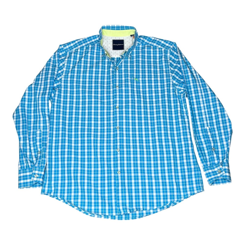 Tommy Bahama Mens Large Blue White Check Pima Cotton Button Down‎ Shirt LARGE